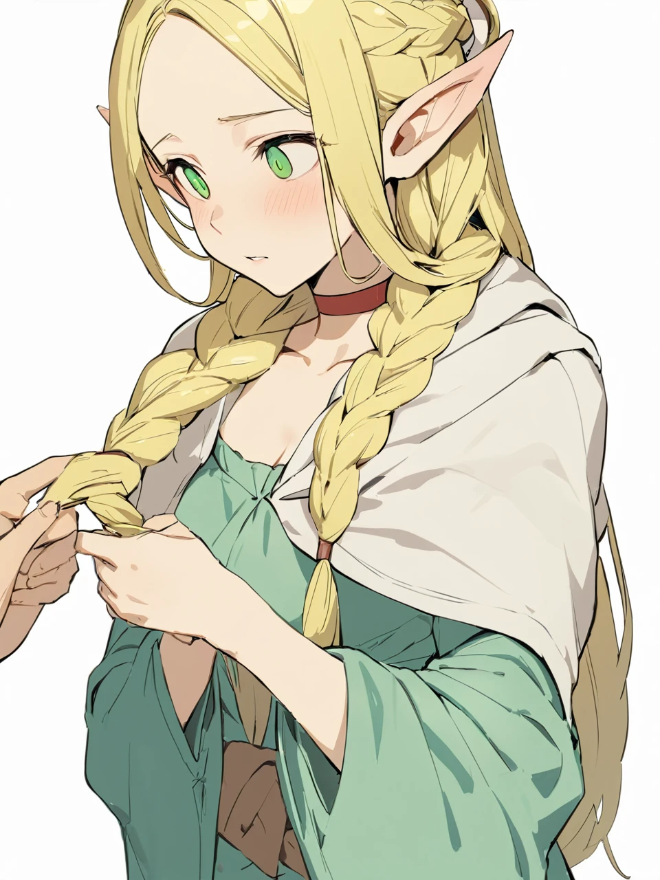masterpiece, highest quality, Pointed Ears, Braiding, alone, Green Eyes, Fairy, Blonde, White Background, choker, One girl, Long Hair, Hair that falls over the shoulders, Simple Background,