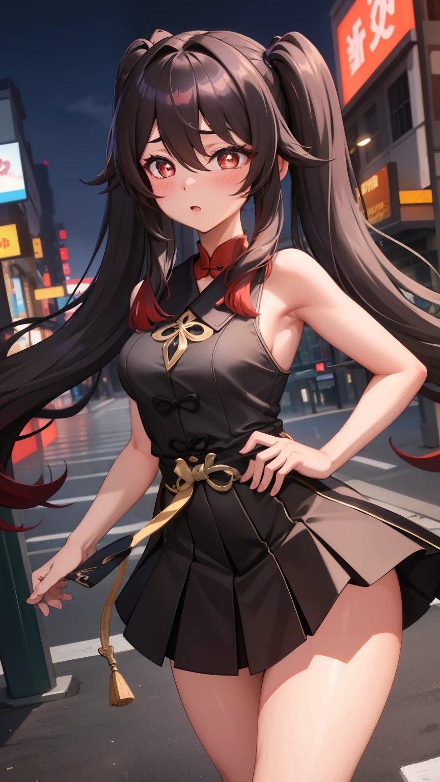 masterpiece, highest quality, Hu Tao V4, One girl, alone, blush, Twin tails, Long Hair, Hair between the eyes, ((Streetwear)), city, Outdoor, night, Movie Posters, Extremely detailed 8K, Smooth, High resolution, super high quality, Cinema Lighting, Ambient Occlusion, High resolution, 2k, 4K, 8k, 16k, Highly detailed anime, Detailed face, Perfect composition, Wide Shot, Atmospheric lighting, Very sexy, Lift up your skirt, Random waist angle, No correction, Browsing Caution, No correction