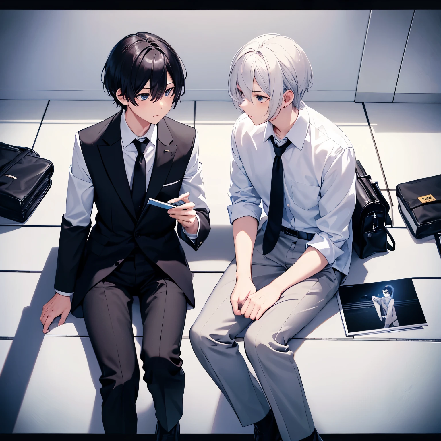 Two boys, sitting at school, white shirts, black trousers, black ties, different hairstyles, different hair colors, different hair lengths, different eye colors,Looking at each other,Holding polaroid photos,full body photo