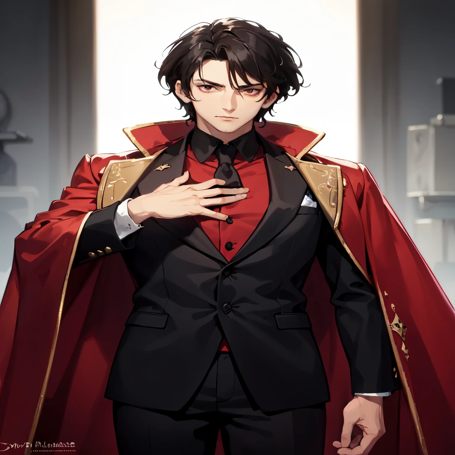 ((best quality)), ((masterpiece)), (detailed), perfect face , a man that look to be in his 40th he has red bloody eyes and dark black hair , he is wearing a noble suit with a red robe