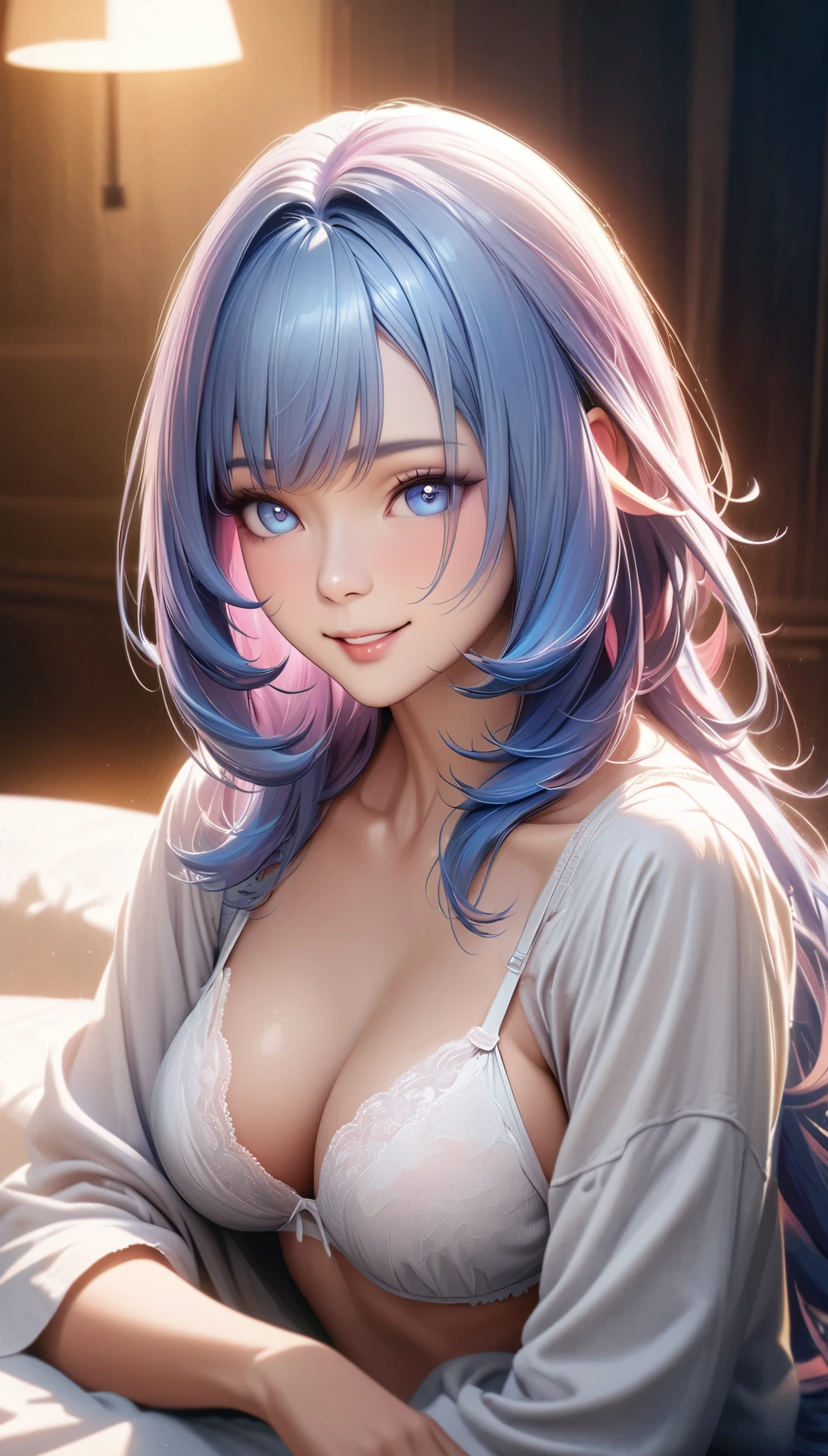 elysia,((long blue hair)), beautiful face,smiling, fit body, moderate breast,sitting on a bed,wearing white pajamas,illustration,detailed textures,ultra-detailed(realistic),portrait style,vivid colors,soft lighting, white silk bras , half body