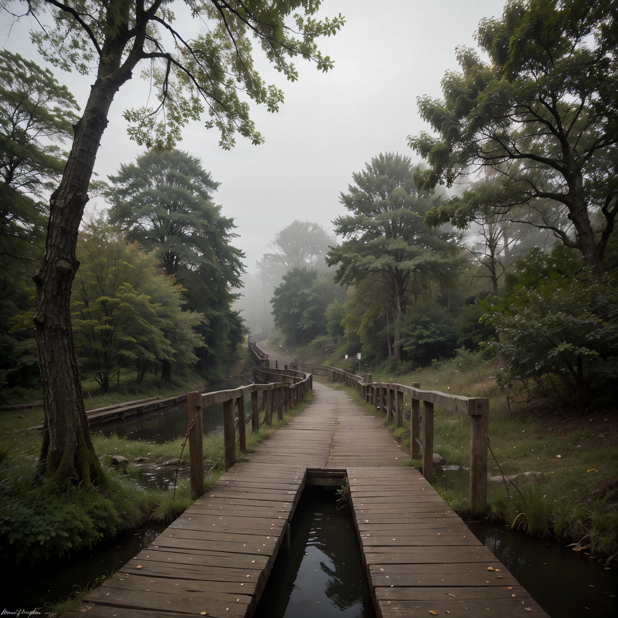 a wooden bridge in the woods on a foggy day with a wooden walkway leading to a bridge over a stream, a matte painting, magical atmosphere, gothic art,