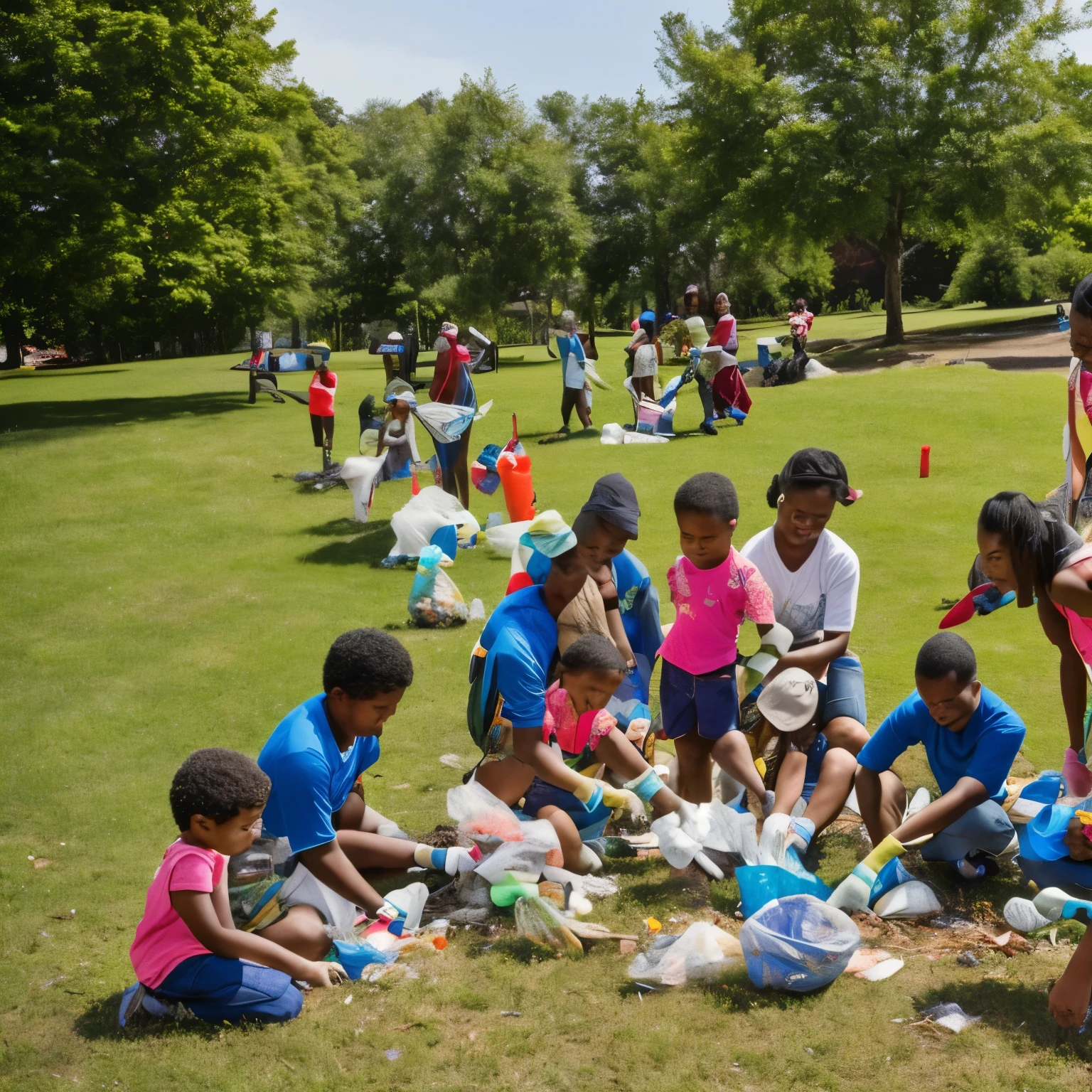 scene shows a group of diverse people of different ages, races, and backgrounds working together to clean up a park. Some are picking up litter, others are planting flowers and trees. A family is having a picnic together. The scene conveys a sense of togetherness, shared purpose, and connection with nature.