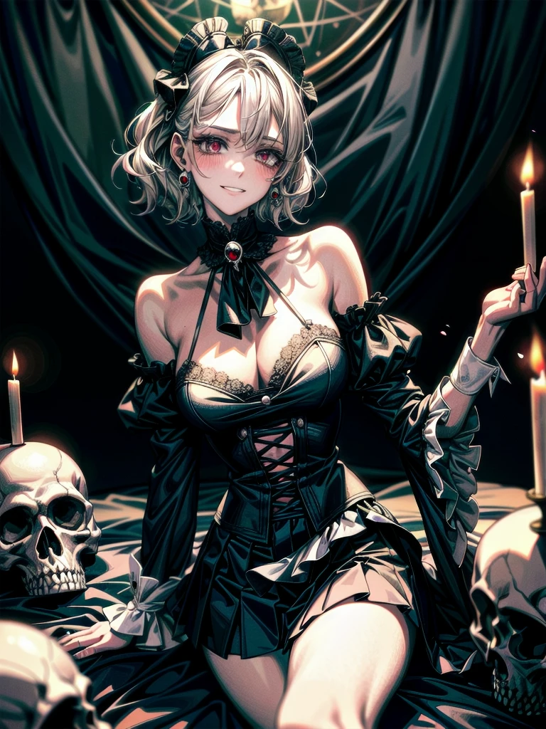 whole body, inside basement, skirt, shirt, long sleeves, frills, evil grin, creepy, skulls, candle, hair ornament, bone, doll, tapestry, Magic Circle, horror theme, Colossal tits, absurdres, RAW photo, extremely delicate and beautiful, masterpiece, Best Quality, ultra high resolution, 32k, hyperrealistic, ultra-detailed, detailed description, pale skin, 20 years old, tearful mole, earring, Colossal tits, short medium hair, wavy hair,