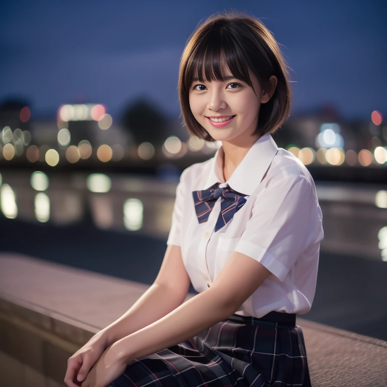 (8k, RAW Photos, highest quality, masterpiece: 1.2), (Realistic, photoRealistic: 1.37), Ultra-high resolution, One Girl, cute, alone, Beautiful sky, Detailed Cafe, night, Sitting, Date, (Blusher), (smile: 1.1), (Closed), big, Beautiful Eyes, (Collared shirt: 1.1), bow tie, Pleated skirt, (short hair: 1.2), Floating Hair