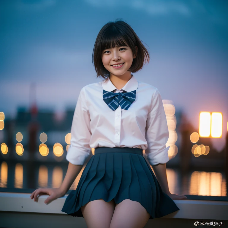 (8k, RAW Photos, highest quality, masterpiece: 1.2), (Realistic, photoRealistic: 1.37), Ultra-high resolution, One Girl, cute, alone, Beautiful sky, Detailed Cafe, night, Sitting, Date, (Blusher), (smile: 1.1), (Closed), big, Beautiful Eyes, (Collared shirt: 1.1), bow tie, Pleated skirt, (short hair: 1.2), Floating Hair