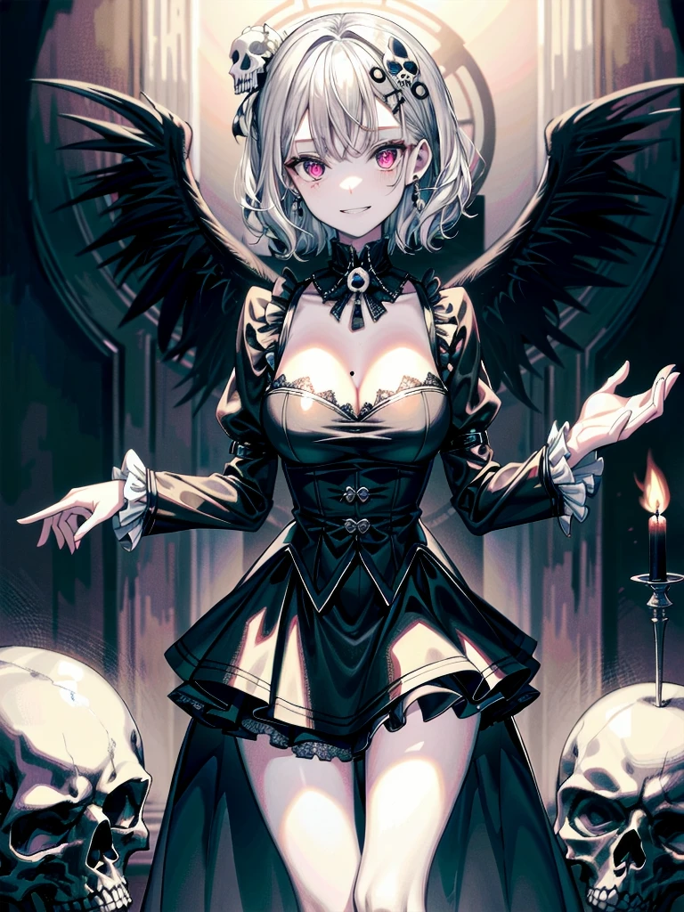 whole body, inside basement, skirt, shirt, long sleeves, frills, evil grin, creepy, skulls, candle, hair ornament, bone, doll, tapestry, Magic Circle, horror theme, Colossal tits, absurdres, RAW photo, extremely delicate and beautiful, masterpiece, Best Quality, ultra high resolution, 32k, hyperrealistic, ultra-detailed, detailed description, pale skin, 20 years old, tearful mole, earring, Colossal tits, short medium hair, wavy hair,