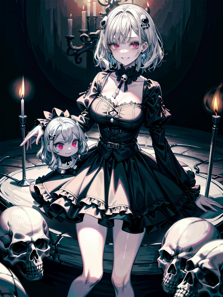whole body, inside basement, skirt, shirt, long sleeves, frills, evil grin, creepy, skulls, candle, hair ornament, bone, doll, tapestry, Magic Circle, horror theme, Colossal tits, absurdres, RAW photo, extremely delicate and beautiful, masterpiece, Best Quality, ultra high resolution, 32k, hyperrealistic, ultra-detailed, detailed description, pale skin, 20 years old, tearful mole, earring, Colossal tits, short medium hair, wavy hair,