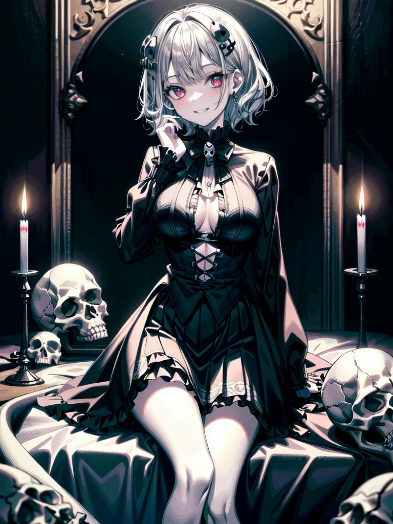 whole body, inside basement, skirt, shirt, long sleeves, frills, evil grin, creepy, skulls, candle, hair ornament, bone, doll, tapestry, Magic Circle, horror theme, Colossal tits, absurdres, RAW photo, extremely delicate and beautiful, masterpiece, Best Quality, ultra high resolution, 32k, hyperrealistic, ultra-detailed, detailed description, pale skin, 20 years old, tearful mole, earring, Colossal tits, short medium hair, wavy hair, 