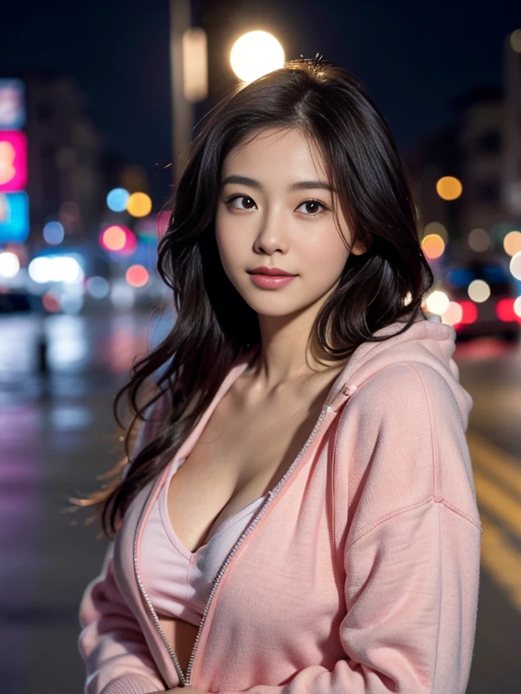 A Japanese actress at night in a pink hoodie. Vending machines and street lights in the background, shy smile, (messy Hair blowing in the wind:1.1), large breasts, Cleavage, upper body shot, BREAK, realism, natural lighting, soft light, cute, young, baby face, facial lighting, young actress, beautiful actress, ((chiseled face)), smooth skin, black eyes, glowing eyes masterpiece, best quality, 8K, detailed, detailed eyes, detailed face and skin, hi-res, perfect anatomy, physically-based rendering, photorealistic, symmetric clear eyes, well-groomed face