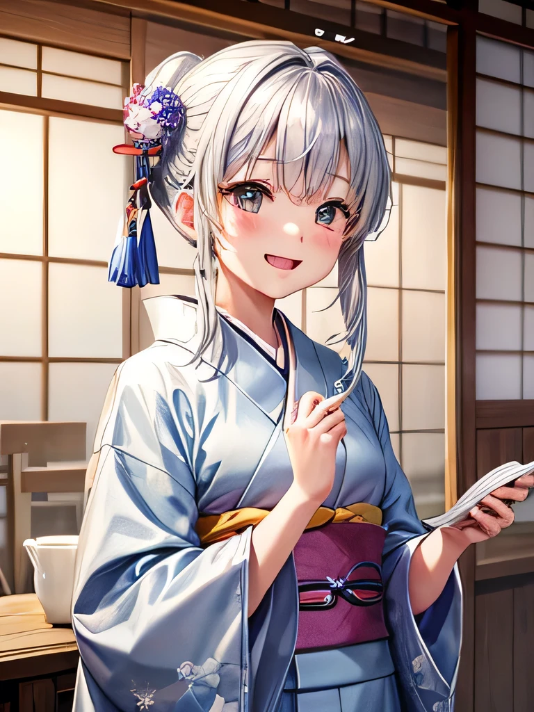 cute、Silver Hair、Japanese、Staring at this、Fleeting、masterpiece、vivid、kimono、Laughter、kind