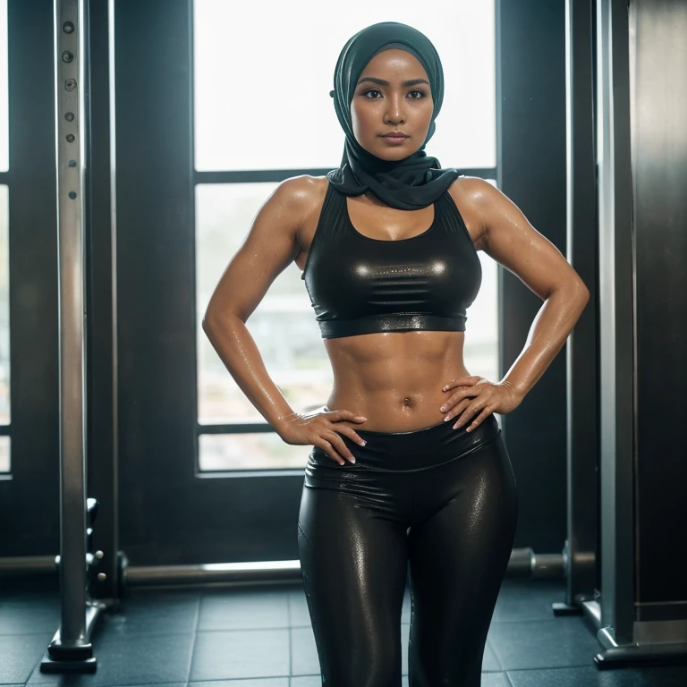 32 years Old, ((Sugar Mama)), ((Beauty Hijab Indonesian Mature woman)), ((Sensual lips)), wet Oily Tanlined through, Droopiest Massive Large , 196 Inches , Tank Top, Fitness Pants, ((Nailing Polish)), Face full of Make up, Full body, Realistic Detailed Perfect abs, at Gym, Dark light, at Day time, Standing.