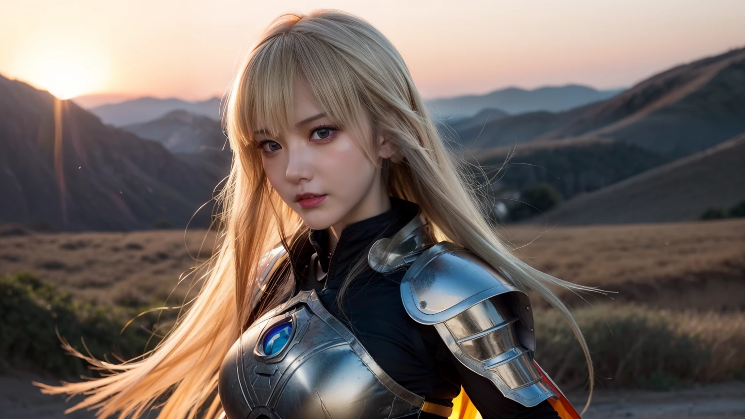 "Step into the world of Konosuba and envision a realistic portrayal of Lalatina, better known as Darkness. Imagine her standing amidst a vast, open field, the golden hues of the sunset casting a warm glow upon her armor-clad figure. Her posture is upright, yet there's a subtle tension in her stance, hinting at a readiness for battle. The intricate details of her armor catch the light, reflecting a sense of resilience and strength. But it's her eyes that draw you in – deep pools of determination, tinged with a hint of vulnerability. As the wind tousles her hair, strands of it dance gently around her face, framing features that speak of both nobility and earnestness. Despite the armor, there's a softness to her expression, a kindness that belies her warrior exterior. In the distance, the faint sounds of nature mingle with the rustle of leaves, creating a serene backdrop to this moment of introspection. You can almost feel the weight of her convictions, the inner conflict between duty and desire, as she gazes into the horizon with unwavering resolve. This portrayal captures Lalatina in a raw, authentic light, transcending the boundaries of animation to evoke a sense of realism and depth to her character." beatiful girl, perfect body, perfect face, perfect eyes, super fine body, super fine eyes, super fine face, perfect mouth, super fine mouth, blonde
