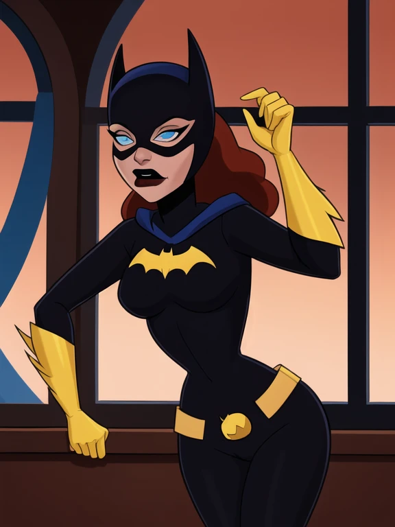 score_9, score_8_up, score_7_up, score_6_up, 1girl, solo, batgirl is exercising in gym, mask, black lips, red hair, belt, torn bodysuit, black bodysuit, sideboob, pointy breasts, cape, yellow gloves,in windowviewof gotham city, red sky, dirigible, (icy blue eyes) thin beautiful nose, 