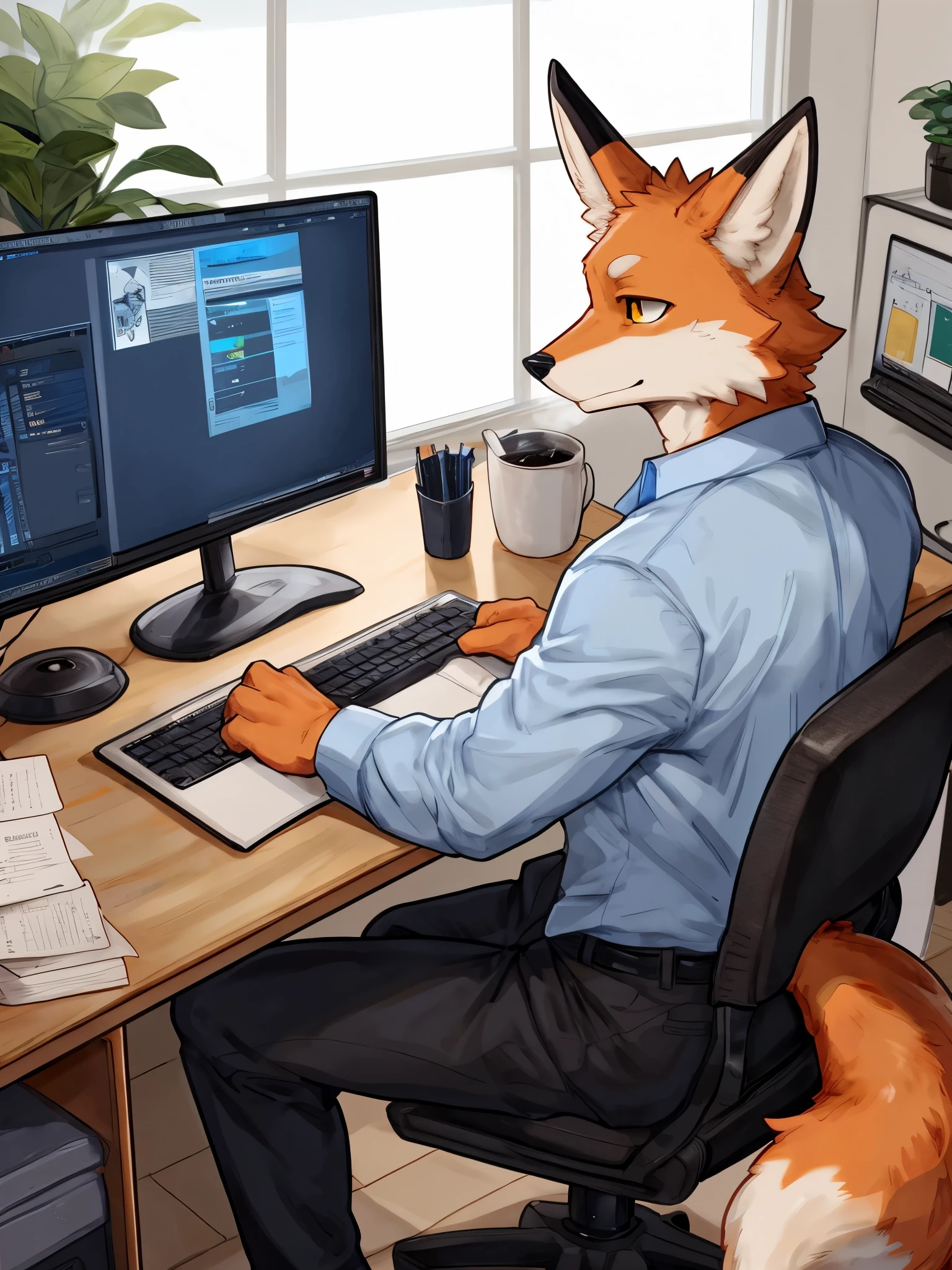 (best quality, masterpiece, detailed anatomy), by Buta99, by SpiritD, 1Male, Fox, tail, adult body, orange furs body, skinny body, yellow eyes, blue bottom shirt, black social pants, social shoes, looking at computer screen, typing on keyboard, sitting on chair, in the office