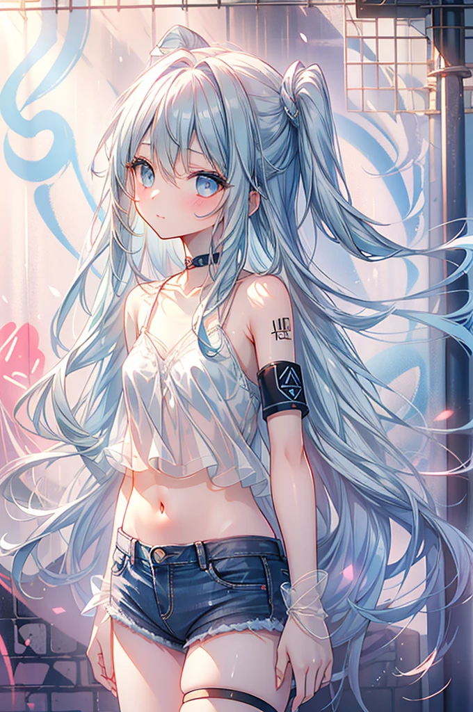 masterpiece, best quality, extremely detailed, (illustration, official art:1.1), 1 girl ,(((( light blue long hair)))), ,(((( light blue long hair)))),light blue hair, ,10 years old, long hair ((blush)) , cute face, big eyes, masterpiece, best quality,(((((a very delicate and beautiful girl))))),Amazing,beautiful detailed eyes,blunt bangs((((little delicate girl)))),tareme(true beautiful:1.2), sense of depth,dynamic angle,,,, affectionate smile, (true beautiful:1.2),,(tiny 1girl model:1.2),)(flat chest)),(cowboy shot), (best quality, ultra-high resolution, depth of field:1.2), adult, 1woman, solo, toned,  bangs, crop top, denim shorts, choker, (graffiti:1.4), paint splatter, arms behind back, (slouching), (leaning back:0.5), against wall, (leaning to the side:0.5), looking at viewer, armband, thigh strap, streaked hair, paint on body, upturned eyes, head down, head tilt, (from side:1), bored