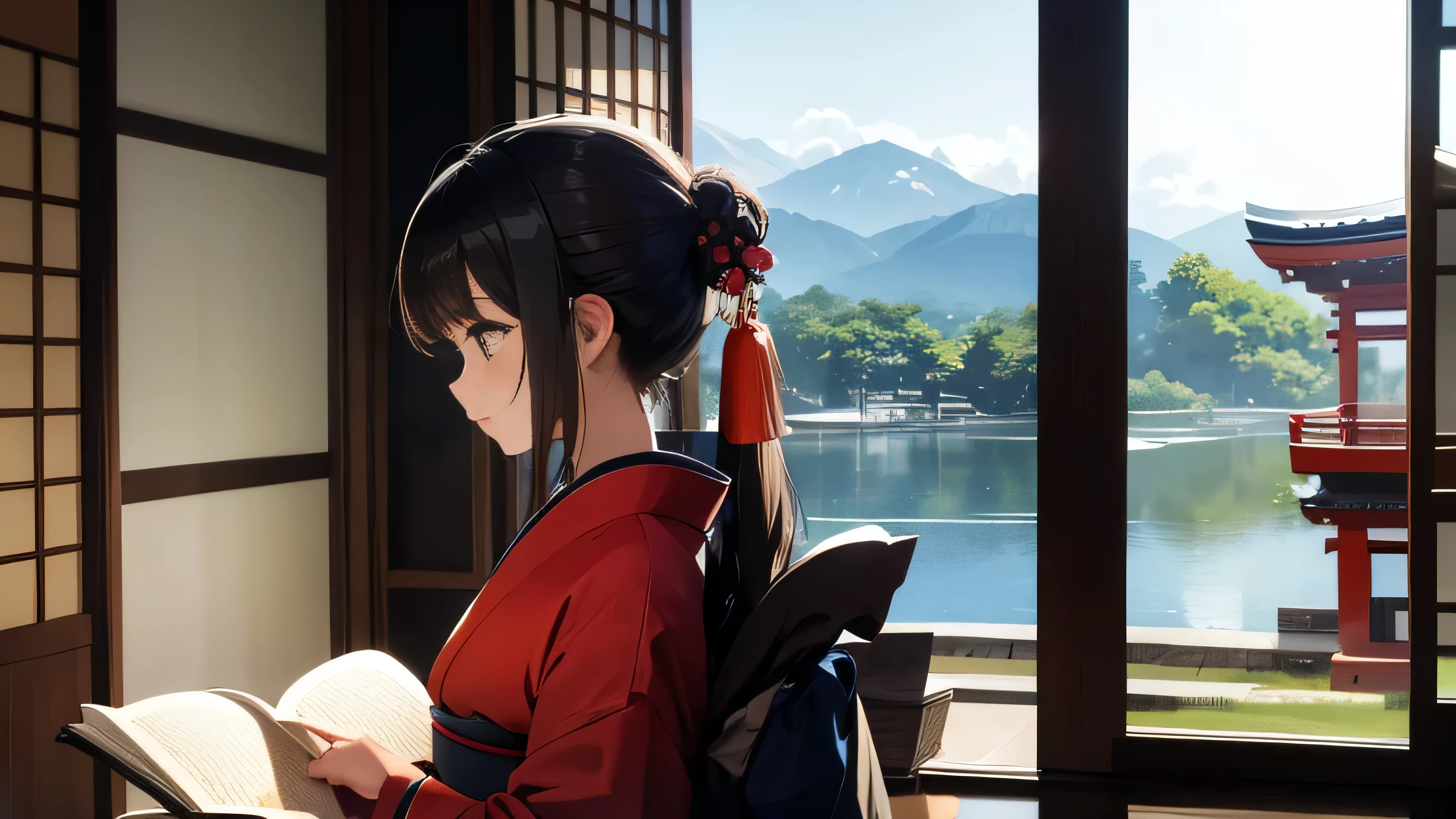 A beautiful girl reading in a kimono、profile、