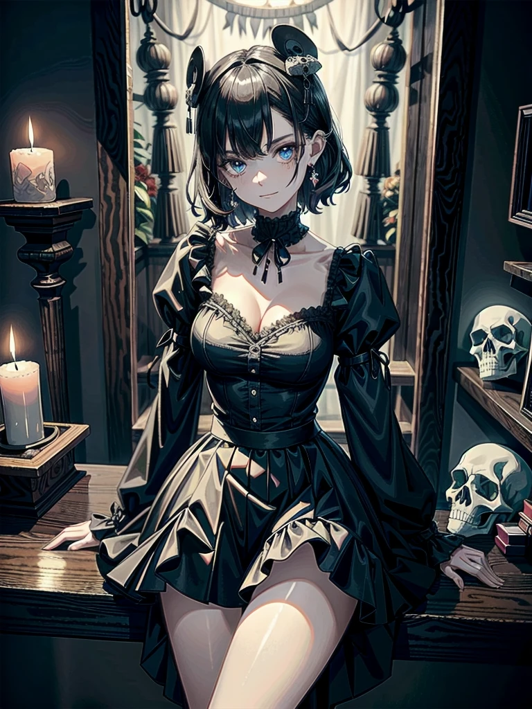 whole body, (inside basement), skirt, shirt, long sleeves, frills, evil grin, creepy, skulls, candle, hair ornament, bone, (doll), tapestry, horror theme, absurdres, RAW photo, extremely delicate and beautiful, masterpiece, Best Quality, ultra high resolution, 32k, hyperrealistic, ultra-detailed, detailed description, pale skin, 20 years old, tearful mole, earring, Colossal tits, short medium hair, wavy hair,