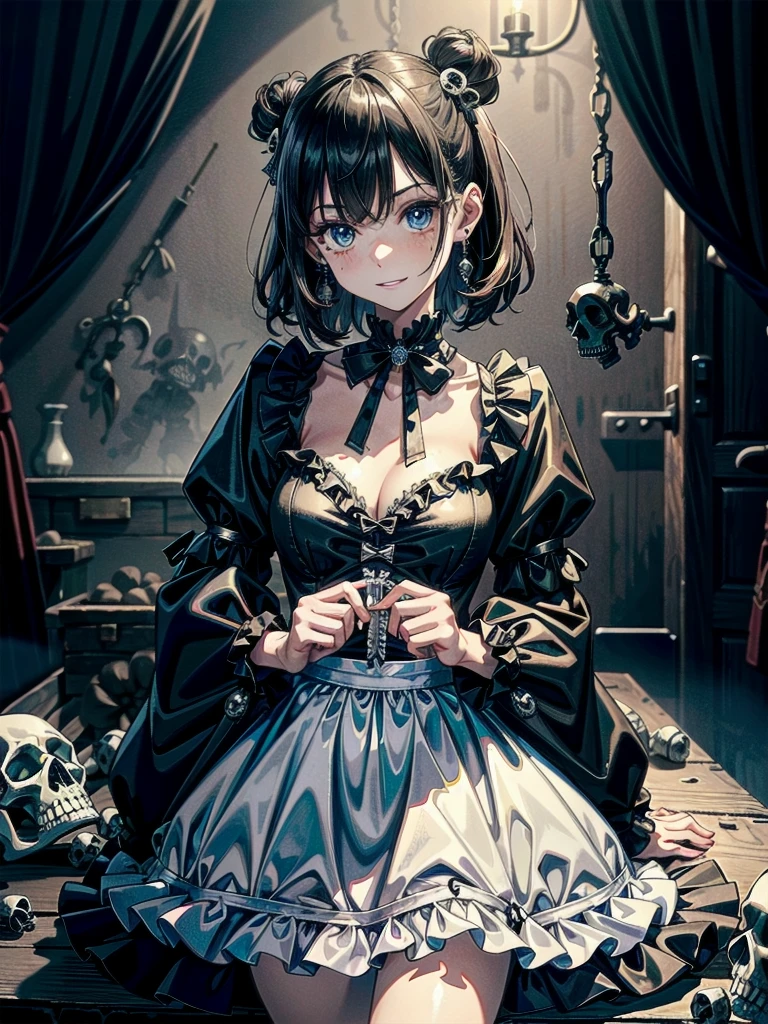 whole body, (inside basement), skirt, shirt, long sleeves, frills, evil grin, creepy, skulls, candle, hair ornament, bone, (doll), tapestry, horror theme, absurdres, RAW photo, extremely delicate and beautiful, masterpiece, Best Quality, ultra high resolution, 32k, hyperrealistic, ultra-detailed, detailed description, pale skin, 20 years old, tearful mole, earring, Colossal tits, short medium hair, wavy hair, 