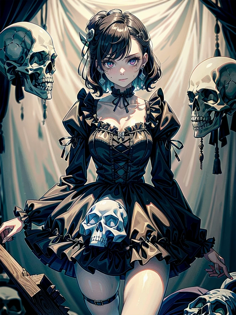 whole body, (inside basement), skirt, shirt, long sleeves, frills, evil grin, creepy, skulls, candle, hair ornament, bone, (doll), tapestry, horror theme, absurdres, RAW photo, extremely delicate and beautiful, masterpiece, Best Quality, ultra high resolution, 32k, hyperrealistic, ultra-detailed, detailed description, pale skin, 20 years old, tearful mole, earring, Colossal tits, short medium hair, wavy hair,