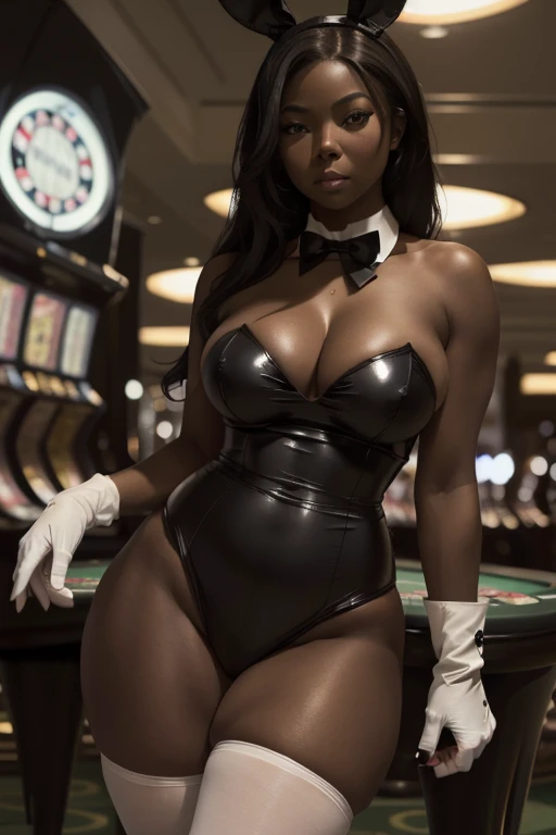 (masterpiece), best quality, expressive eyes, perfect face, (gambling hall background), (standing), (closeup view), (seductive expression), (1girl, Gabrielle Union face, ebony, dark skin, black skin, black hair, long waivy hairstyle, brown eyes, hourglass figure, thick body, curvy body, large breasts, huge breasts, large cleavage, oppai, thin waist, wide hips, thick thighs, (tight outfit, doesn't fit outfit, bunny outfit, black onepiece bikini, sleeveless, strapless, exposed cleavage, cameltoe, black bunny hears, white gloves, black waist pantyhose, black heels, small neck bow-tie),