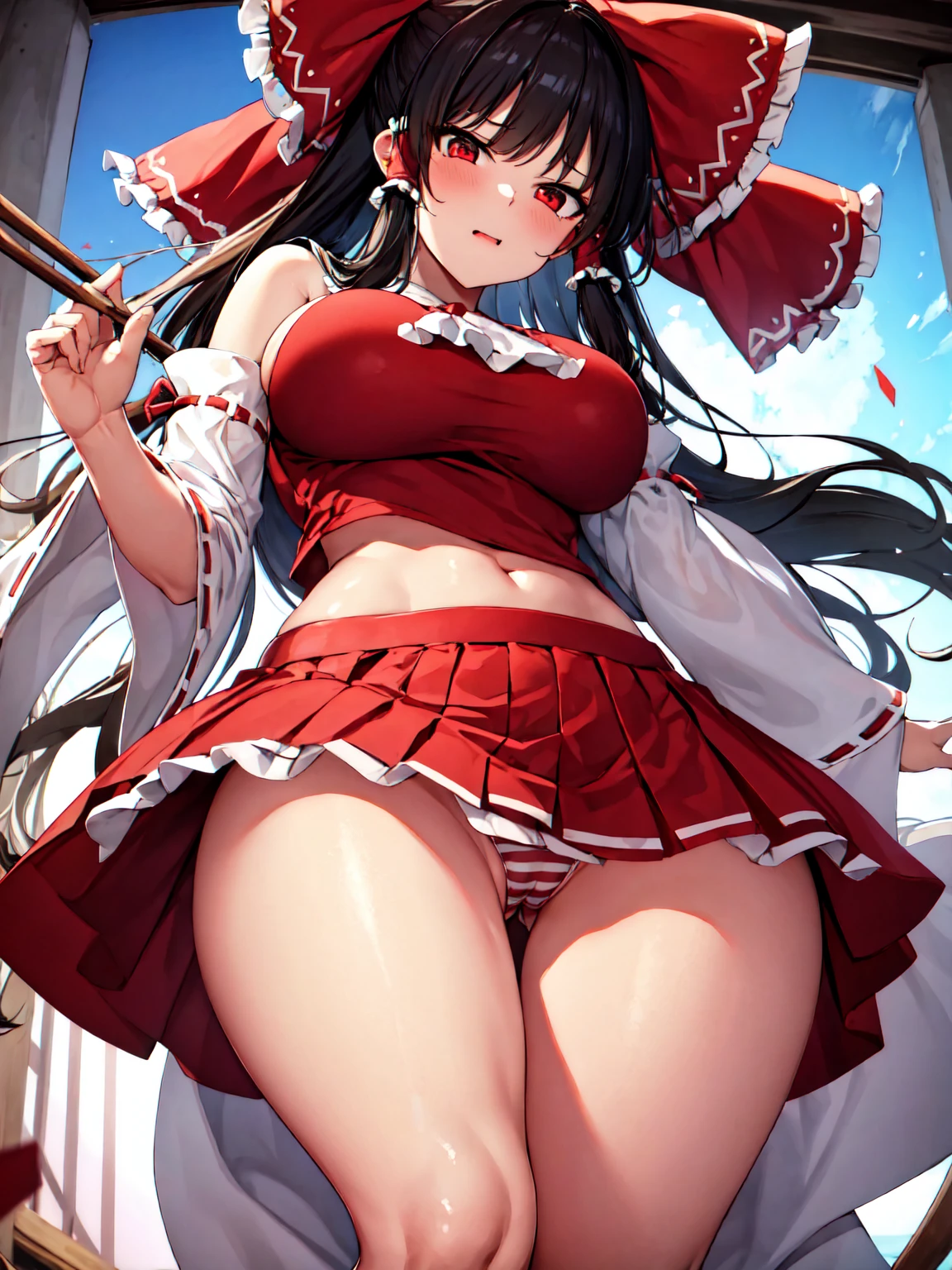 Reimu Hakurei、masterpiece, highest quality, High resolution , downShot, mini skirt, Pleated skirt, Knee socks, ass pov, Cowboy Shot, Showing panties, Showing off your ass, Look Down, close, Huge breasts, Thick thighs, Stick your butt out, Big Hips, Low Angle, Huge Ass, My butt is too big to fit into the skirt, Orgasmic face, Looking at the audience, From behind, From below, Look Down, make out, Grab your ass, Put your hands on your buttocks, striped panties, Spread your legs