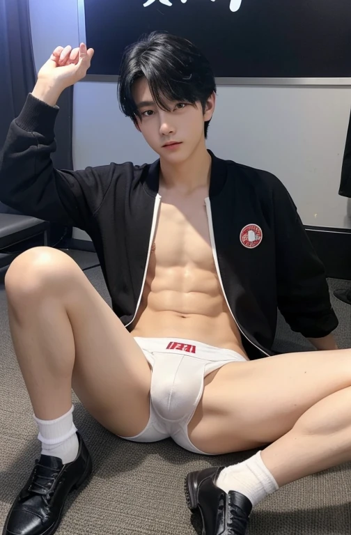 Two boys、Handsome、18-year-old、Japan boys、Black Hair、Club room、Change of clothes、between legs、bulge、Take off your clothes、Show bare skin、Spread your legs,White underwear