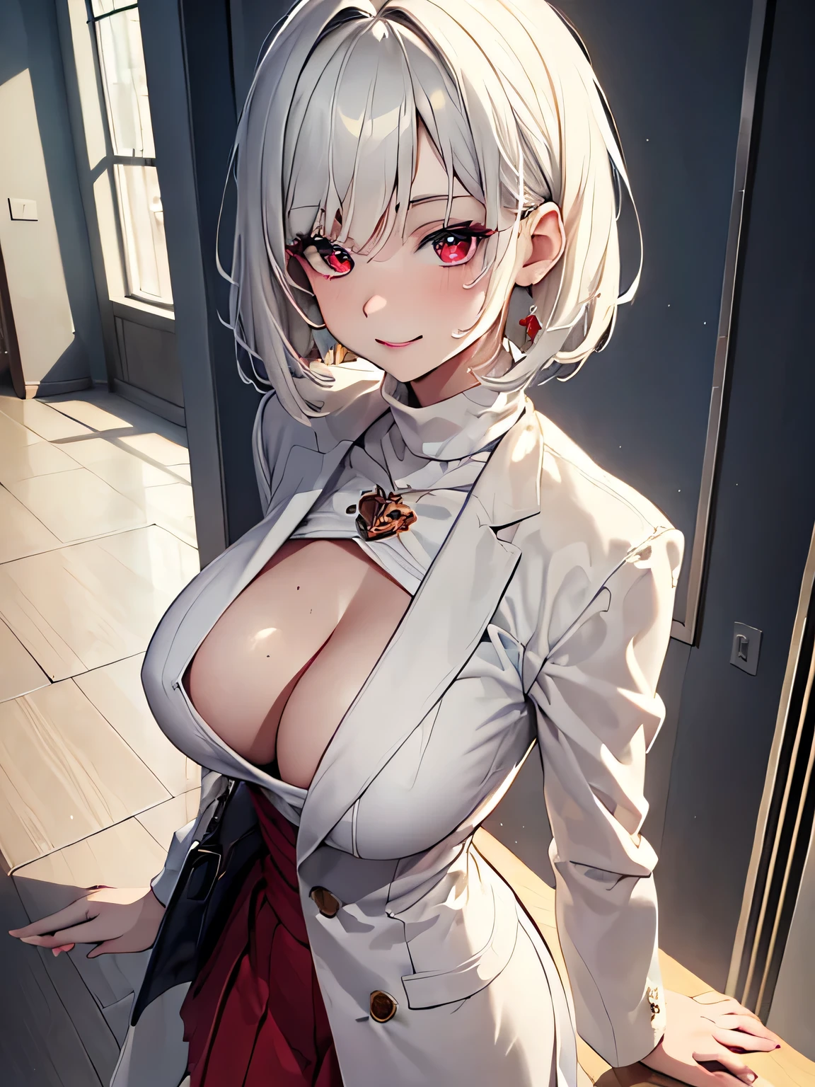 (masterpiece, best quality:1.4), 8k, White Hair, Messy Short hair, Mature Older adult, anime girl, smile, teasing, light Red Eyes, big chest, White Turtleneck, Beige Long Coat, Black Skirt (detailed eyes and face, sharp pupils, realistic pupils:0.6)