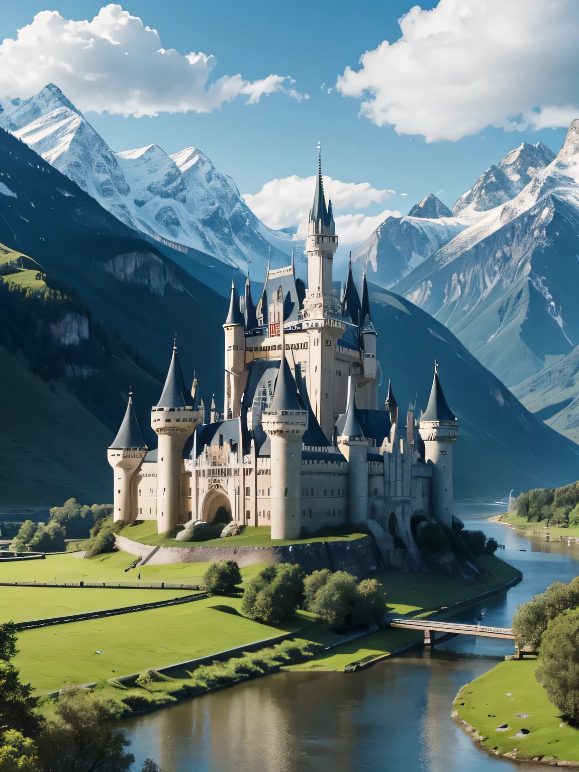 please generate an image of a big castle near by a wide river, with a green grass field and a view of snowy mountains