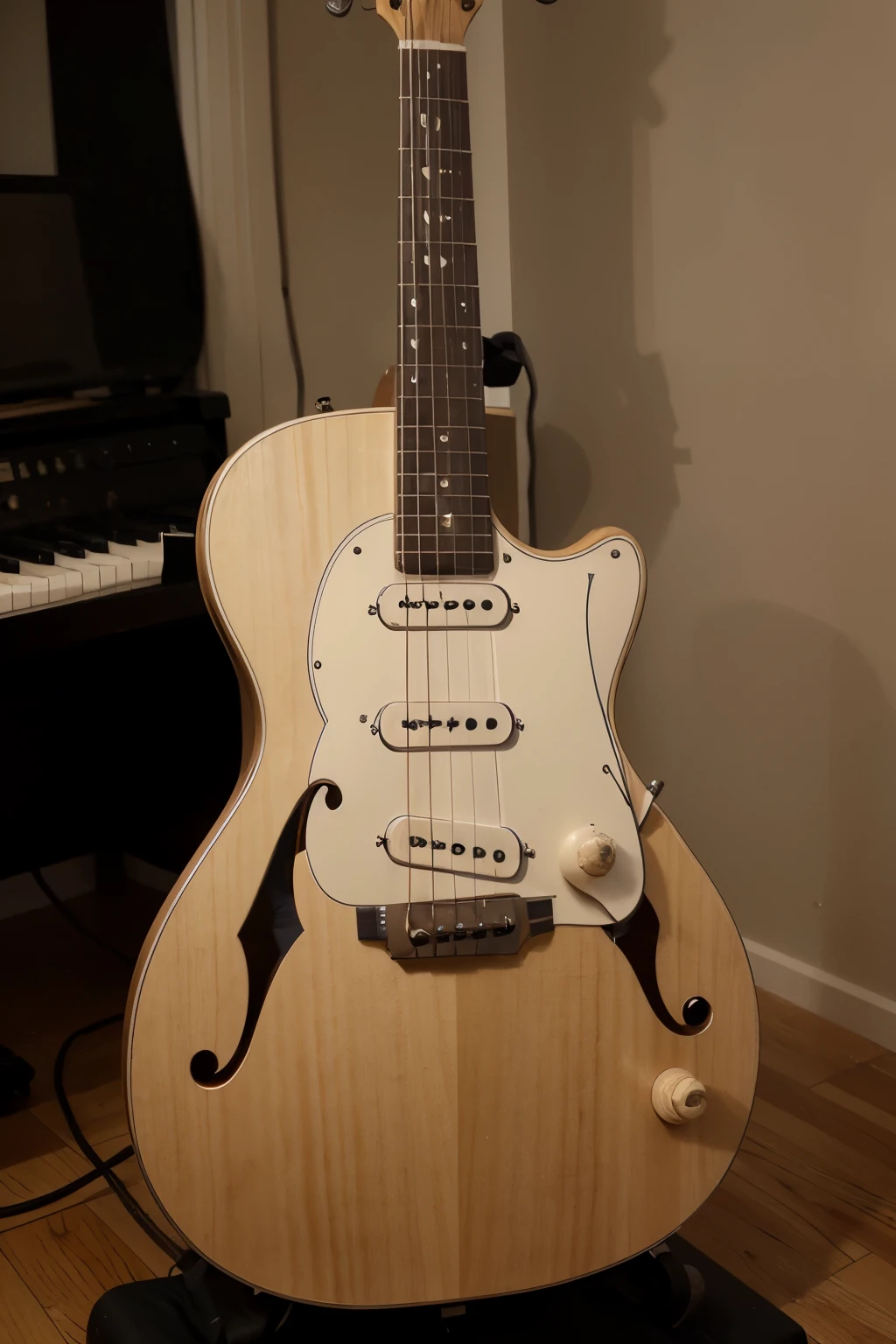guitarra manos cabellera en forma de partituras
