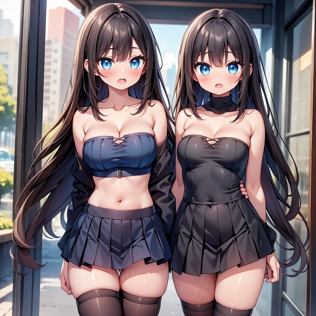 (cute eyes:1.2), (sparkling eyes:1.2), (8K、Best image quality、highest quality、masterpiece)、Detailed face、(Brown Skin:1.3), (2 girls)、Improve、(black hair, blue eyes, long hair, straight hair), (open mouth), (embarrassed), (skinny body:1.3),(midium breasts), (strapless, white:1.2, off-shoulder sweater:1.2), (cleavage), (crop top navel), (black stockings:1.1), (Thighs:1.2), (Waistline:1.2)