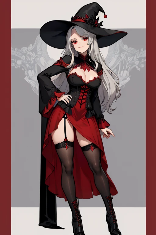 female, silver long hair with black highlights, red eyes, (((1girl))), (((red gothic dress with black trim))), (red witch hat with black trim), (red lace up ankle boots), (black stockings), cute and sexy, full body, large breasts, large butt, long legs, smiling