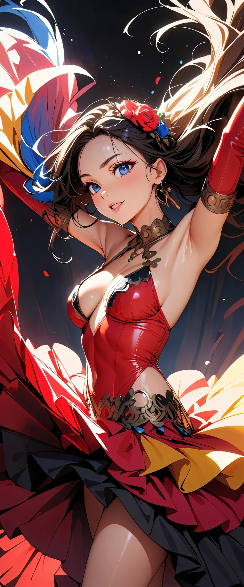 (highest quality:1.2, Very detailed, Latest, Vibrant, Ultra-high resolution, High Contrast, masterpiece:1.2, highest quality, Best aesthetics), (Small face), (Very detailedな肌:1.2), One Woman, beautiful girl, Flamenco dancer, Beautiful detailed eyes, Beautiful detailed lips, Long eyelashes, Passionate dance moves, Colorful traditional flamenco dresses, Energetic performance, Graceful hand movements, Perfect fingers, Expressive facial expressions, Fast-paced footwork, dramatic stage lighting, Bright colors, fluid body movements, Beautiful female curves, Dynamic stage background, Emotional strength, Captivating performance, Skilled performer, Rotating skirt, Castanet Click, Sultry atmosphere, Intense eye contact, Inspiring and powerful performance, A sense of exoticism and sensuality, Professional Flamenco Artist, Experience the essence of flamenco, Dance of Passion, A fascinating sight, 見事でCaptivating performance, Flamenco guitar accompaniment, Perfect technique, A dynamic and exhilarating experience.
