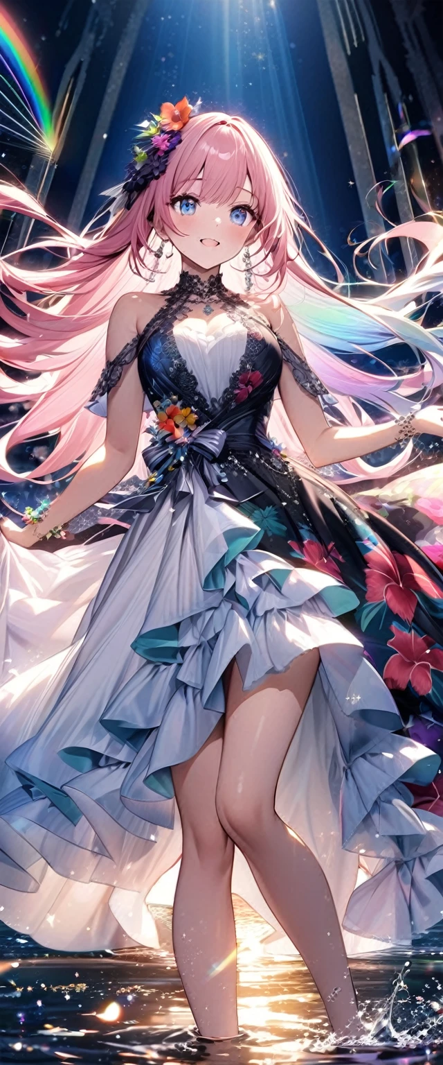``She has long pink hair and beautiful eyes.、Beautiful woman in an elegant and elaborate Hawaiian dress.For the dress、It needs intricate designs and patterns to give it a luxurious and classy look.。.In the background , The image is、The light reflected on the water surface、Beyond that is an illuminated bridge、It must depict a romantic Hawaiian beach at night.。, Enhance the sparkle effect and rainbow throughout the image. Enhance your looks、Add some special frills to your dress to make it stand out.”