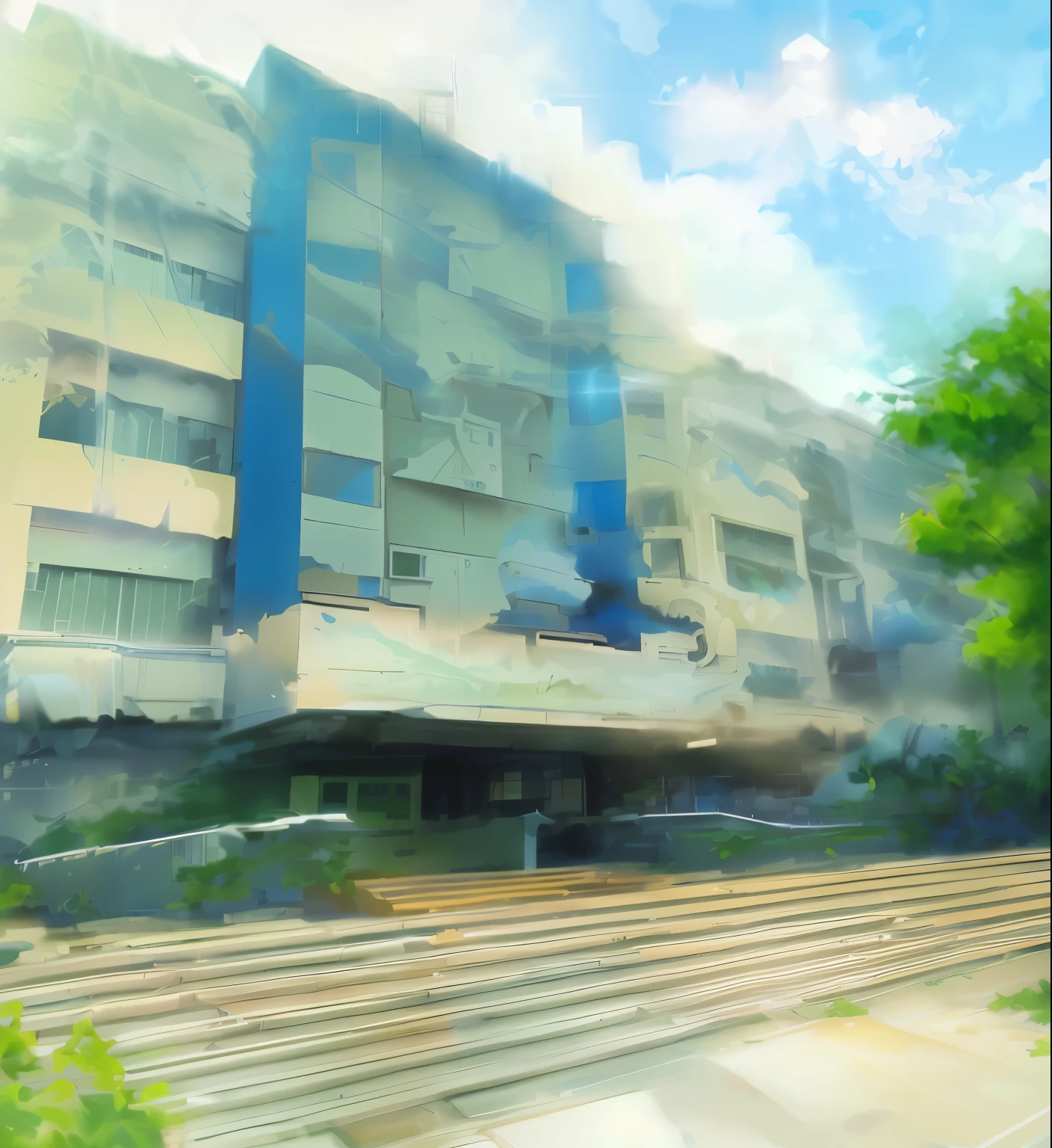 there is a picture of a building with a clock on it, style of madhouse studio anime, made with anime painter studio, anime background art, painted in anime painter studio, highschool background, anime scenery concept art, kyoto animation studio, japanese high school, office building, artwork of a building, anime style cityscape, anime scenery, anime scene, building facing nature infeested building