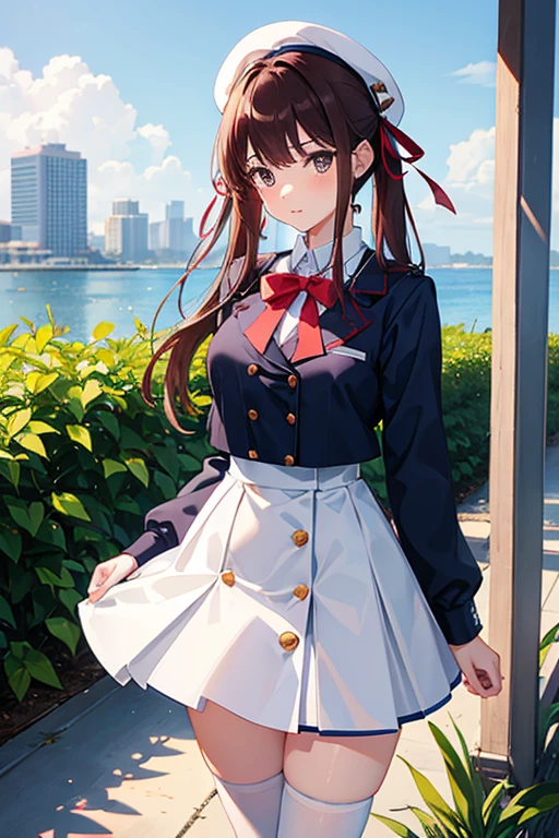 Navy-blue high-school uniform with white-collar, White-Skirt, Reddish-brown-hair, Two-sided-up with big pink ribbon, Brown-eyes, zettai-ryouiki