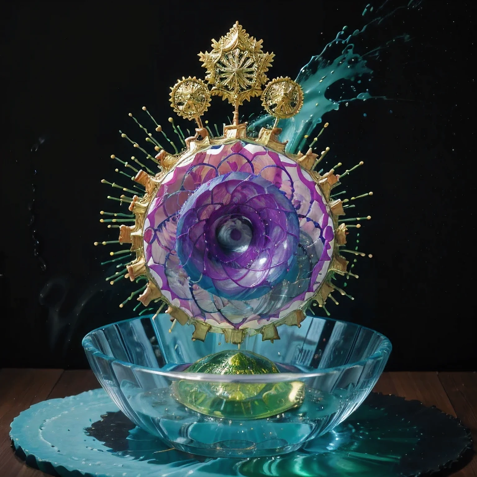 Seabed ice sheet background,detailed armor, ornate headdress, samurai helmet(((Dynamic rotating concentric circles)))(Dynamic rotation of concentric circles)Mandala is the result of the long journey of creating concentric circles of liquid color, there is a glass bowl with a green and purple swirl inside, simulacrum of a space fungus, alien flower, distant nebula are glowing algae, inspired by Otto Piene, inspired by Earnst Haeckel, top down extraterrestial view, covered with ferrofluid. dslr, translucent algae ornate, the eye of the universe, anatomical fractal,which interact through transparency, refraction, reflection, and collision. The ultimate goal is to showcase unique, detailed, and aesthetically pleasing images that capture the audience's attention through their initial visual impact and stunning details in liquid interactions,there is a cake with a red and yellow center on a blue plate, inspired by Otto Piene, victor antonov, culinary art photography, inspired by Graham Sutherland, colorful ferrofluid armor, inspired by Anish Kapoor, alexandra fomina, david kassan, by Jan Rustem, rudolf is hired, sergey krasovskiy, kai vermehr