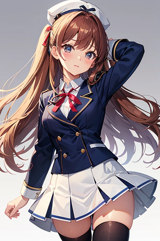 Navy-blue high-school uniform with white-collar, White-Skirt, Reddish-brown-hair, Two-sided-up with big pink ribbon, Brown-eyes, zettai-ryouiki