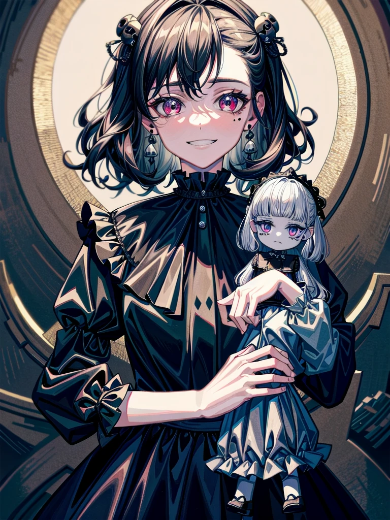 whole body, (inside basement), skirt, shirt, long sleeves, frills, evil grin, creepy, skull, candle, hair ornament, bone, (dolls), tapestry, horror theme, absurdres, RAW photo, extremely delicate and beautiful, masterpiece, Best Quality, ultra high resolution, 32k, hyperrealistic, ultra-detailed, detailed description, pale skin, 20 years old, tearful mole, earring, Colossal tits, short medium hair, wavy hair, 