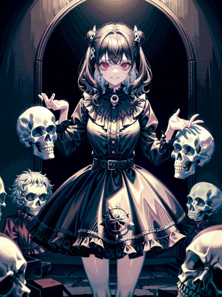 whole body, (inside basement), skirt, shirt, long sleeves, frills, evil grin, creepy, skull, candle, hair ornament, bone, (dolls), tapestry, horror theme, absurdres, RAW photo, extremely delicate and beautiful, masterpiece, Best Quality, ultra high resolution, 32k, hyperrealistic, ultra-detailed, detailed description, pale skin, 20 years old, tearful mole, earring, Colossal tits, short medium hair, wavy hair,