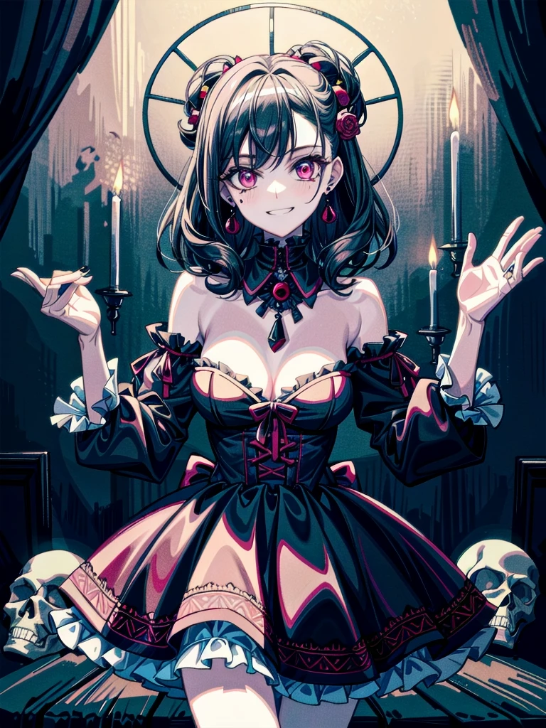whole body, (inside basement), skirt, shirt, long sleeves, frills, evil grin, creepy, skull, candle, hair ornament, bone, (dolls), tapestry, horror theme, absurdres, RAW photo, extremely delicate and beautiful, masterpiece, Best Quality, ultra high resolution, 32k, hyperrealistic, ultra-detailed, detailed description, pale skin, 20 years old, tearful mole, earring, Colossal tits, short medium hair, wavy hair, 