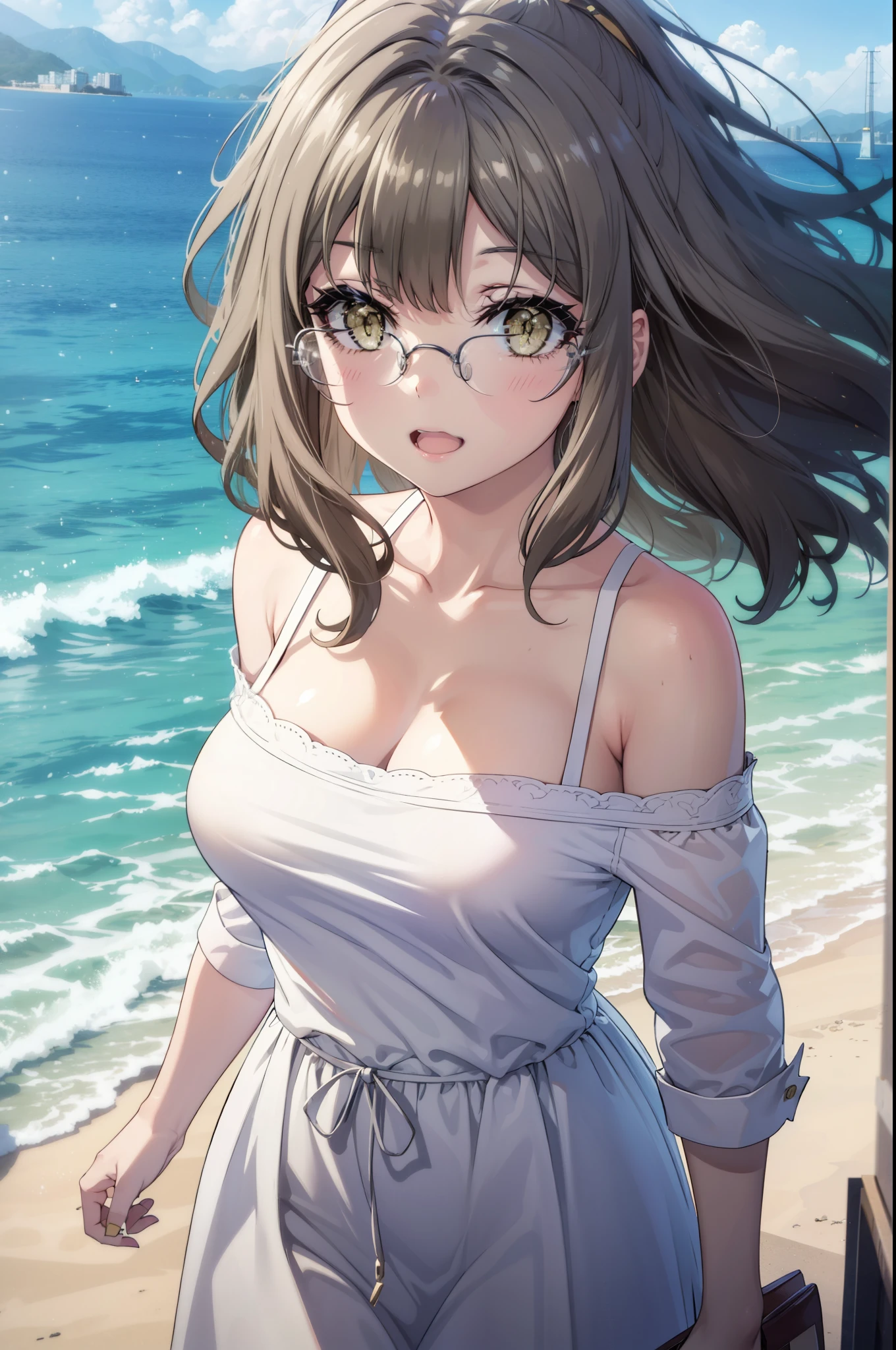 riofutaba, rio futaba, Long Hair, Brown Hair, (Brown eyes:1.5), Big Breasts,Glasses,happy smile, smile, Open your mouth,Off-the-shoulder dress,bare clavicle,Bare shoulders,Bare neck,Long skirt,Cute heeled sandals,Real Summer,Daytime,sunny,whole bodyがイラストに入るように歩いている,crowd, people々々々
break outdoors, city,Coastal Road,
break looking at viewer, whole body, 
break (masterpiece:1.2), highest quality, High resolution, unity 8k wallpaper, (shape:0.8), (Beautiful details:1.6), Highly detailed face, Perfect lighting, Extremely detailed CG, (Perfect hands, Perfect Anatomy),