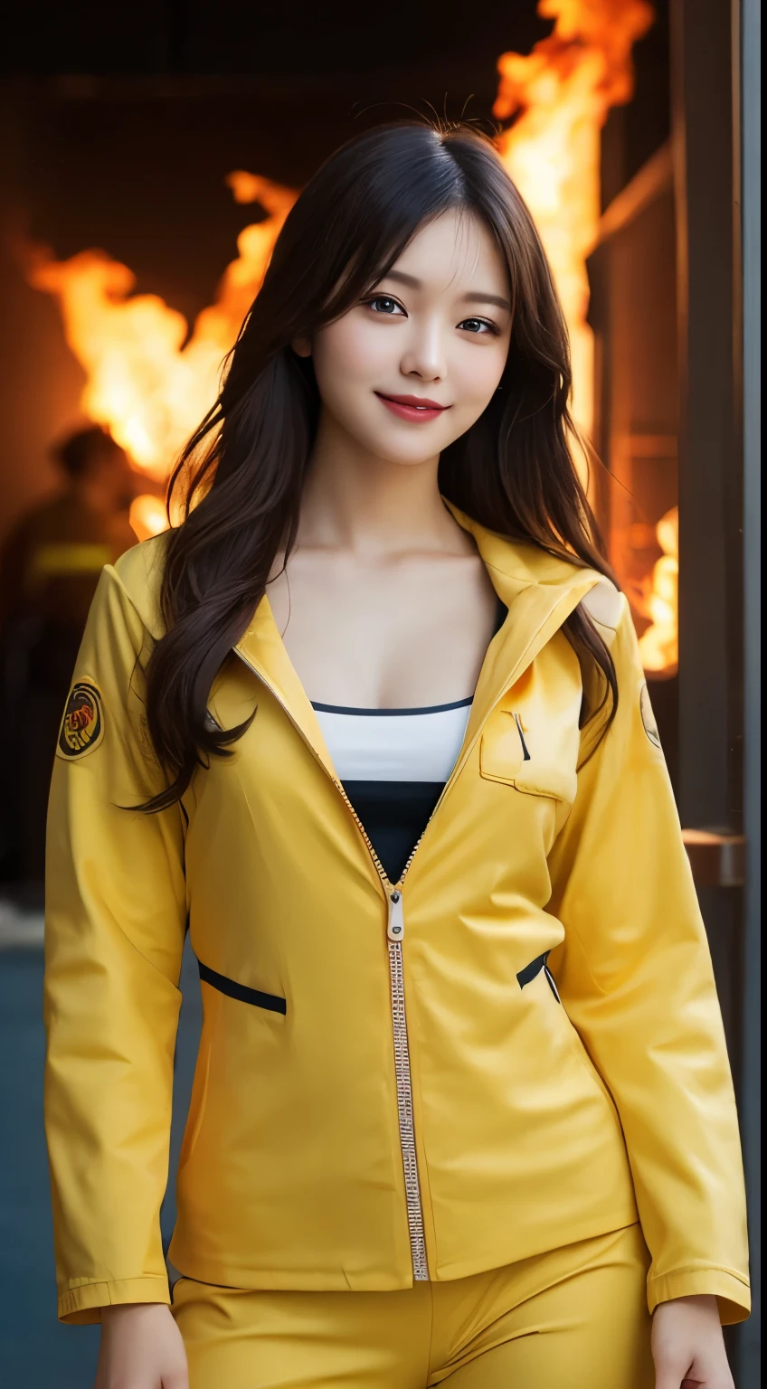 whole body, highest quality, figure, Very detailed, In detail, High resolution, 8k wallpaper, Perfect dynamic composition, Beautiful fine details, Firefighter,Medium Hair, Center of chest, Natural color lip, Random sexy poses,smile,Fire suit，Sea of Fire，