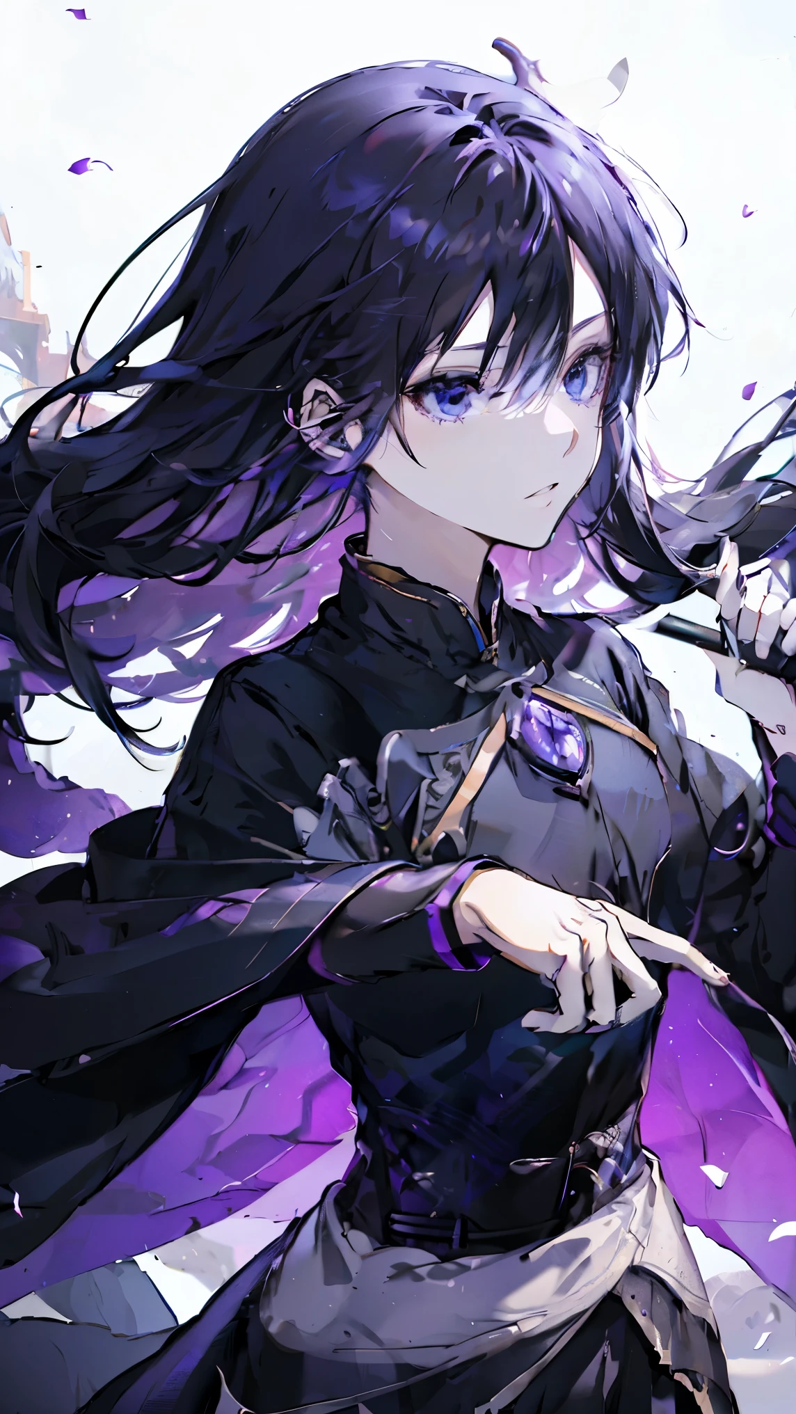 Female Kirito，Purple Eyes，Two Dimensions，anime style，one person（Female Warrior），Correct proportions，Facial details，swordsman，Black skirt，黑色Long hair，neck details，There is an Adam&#39;apple，Set，joke，robe，Clothing details，surrender，Long sleeve，Game quality，sword fight，Ray Tracing，Ray Tracing，Delicate glow，CG Rendering，Hair details，Charming eyes，fair，（Girlish feeling），The costumes are complicated，In the woods，night，Starry Sky，perfect composition，Refinement，high quality，More details，Lots of details，Complex background，Sense of atmosphere，Long hair，Purple Eyes，