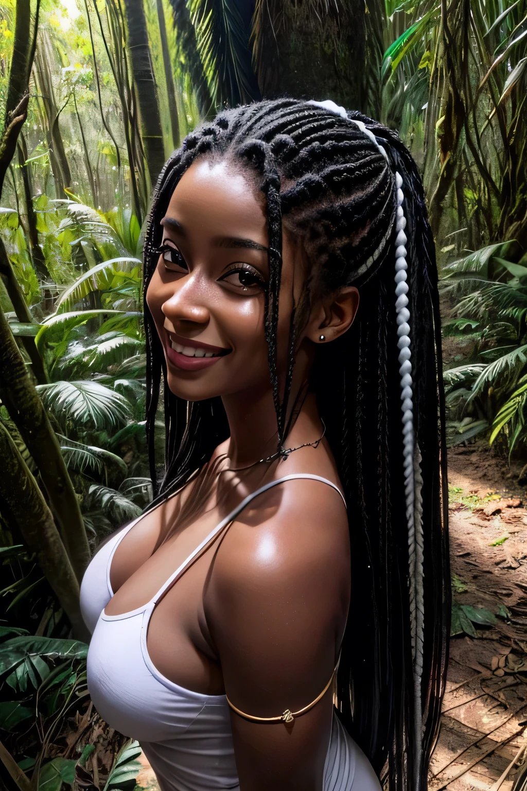 mulher negra, pele escura, olhos castanhos, idade 21 anos, andando na floresta, cabelos longos, sorriso branco, olhar sedutor