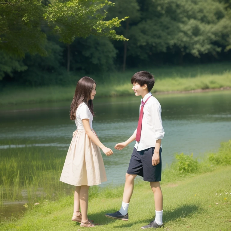 High school couple playing on the riverbank, The children are positioned on the right side of the image., The place is a forest, A butterfly flies nearby them.