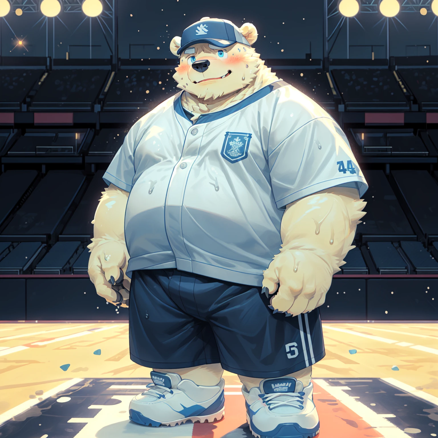 New Jersey 5 Furry,polar bear,White plush fur,Facing the camera,Exquisite, masterpiece, high quality, Absurd, soft light, Solitary, front,Standing,Cap cap,Striped shirt,White shorts,sports shoes,Standing,sweat,Smile, ((Background Stadium:1.5), character focus. Detailed background, Amazing background, outdoor, Scenes, particle.大师masterpiece,Highest image quality ,4k quality,sweat, blush. Oily,Solitary,Chubby,Fat,Thick arms,Rugged muscles,White plush fur,Chubby脸,Black eyebrows,Sky blue eyes,Beard,Cover, high resolution, top quality, best quality, front,Standing,Baseball cap,Striped shirt,White shorts,sports shoes,Standing,sweat,Smile,sweat,blush.