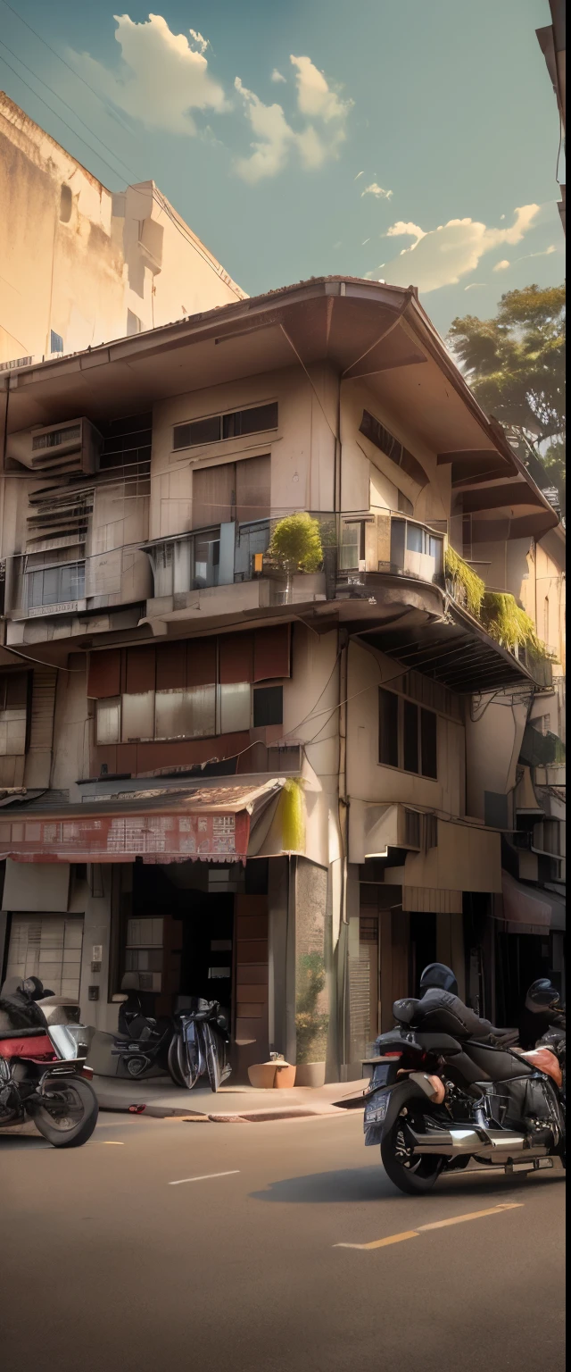 motorcycles are parked in front of a building with a balcony, the neat and dense buildings, front-view, old building, frontview, full - view, full building, seen from outside, single building, front view, front side, in style of lam manh, old house, interesting composition, building facing, 1 3 3 4 building, front side view