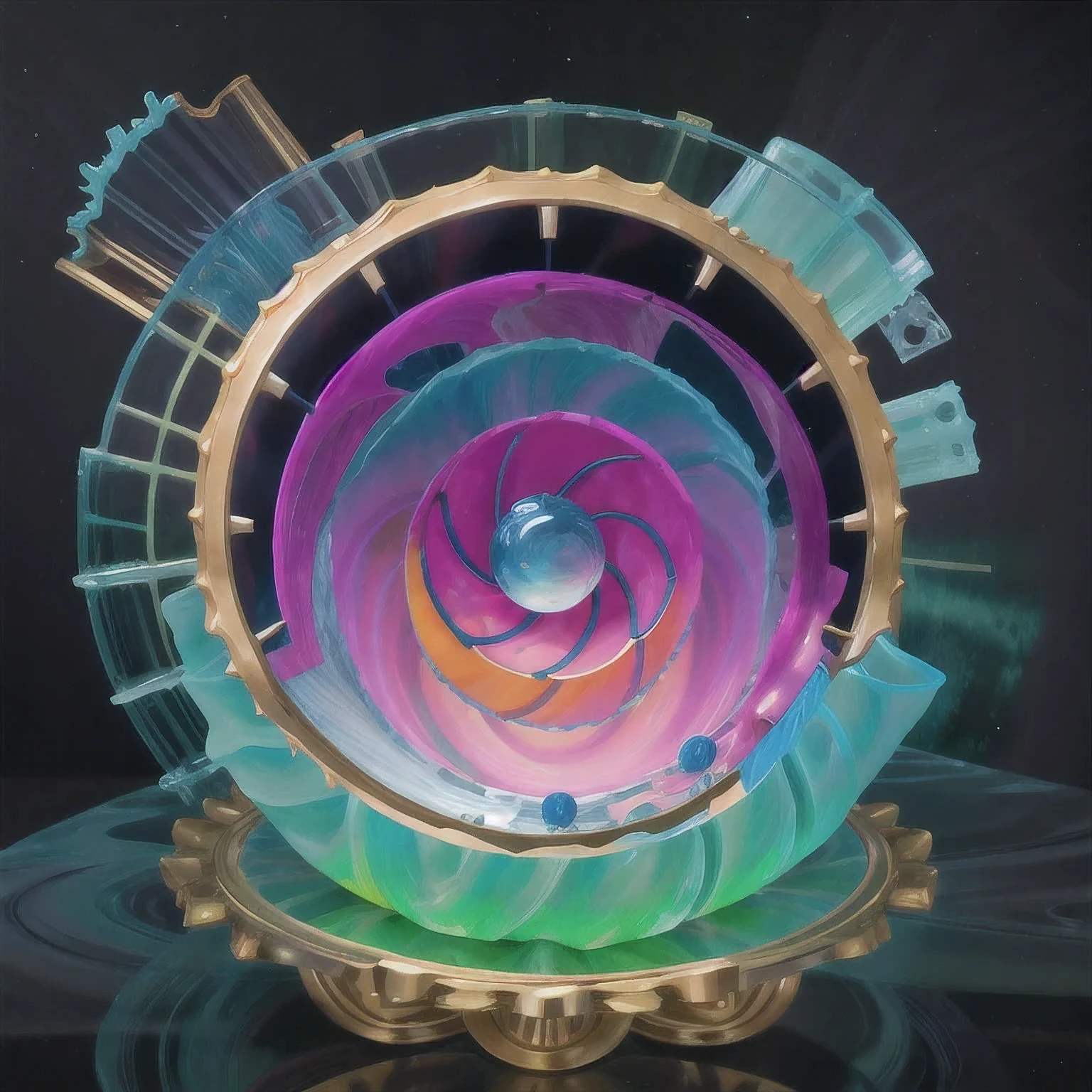 Seabed ice sheet background,detailed armor, ornate headdress, samurai helmet(((Dynamic rotating concentric circles)))(Dynamic rotation of concentric circles)Mandala is the result of the long journey of creating concentric circles of liquid color, there is a glass bowl with a green and purple swirl inside, simulacrum of a space fungus, alien flower, distant nebula are glowing algae, inspired by Otto Piene, inspired by Earnst Haeckel, top down extraterrestial view, covered with ferrofluid. dslr, translucent algae ornate, the eye of the universe, anatomical fractal,which interact through transparency, refraction, reflection, and collision. The ultimate goal is to showcase unique, detailed, and aesthetically pleasing images that capture the audience's attention through their initial visual impact and stunning details in liquid interactions,there is a cake with a red and yellow center on a blue plate, inspired by Otto Piene, victor antonov, culinary art photography, inspired by Graham Sutherland, colorful ferrofluid armor, inspired by Anish Kapoor, alexandra fomina, david kassan, by Jan Rustem, rudolf is hired, sergey krasovskiy, kai vermehr