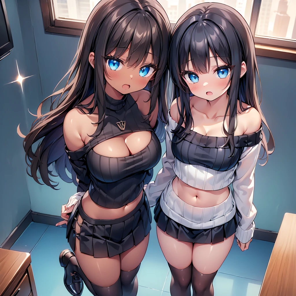 (cute eyes:1.2), (sparkling eyes:1.2), (8K、Best image quality、highest quality、masterpiece)、Detailed face、(Brown Skin:1.3), (2 girls)、Improve、(black hair, blue eyes, long hair, straight hair), (open mouth), (embarrassed), (skinny body:1.3),(midium breasts), (strapless, white:1.2, off-shoulder knitted sweater with beautiful details:1.2), (cleavage), (midriff peek:1.5), (black stockings:1.1), (Thighs:1.2), (Waistline:1.2), (from above:1.2)